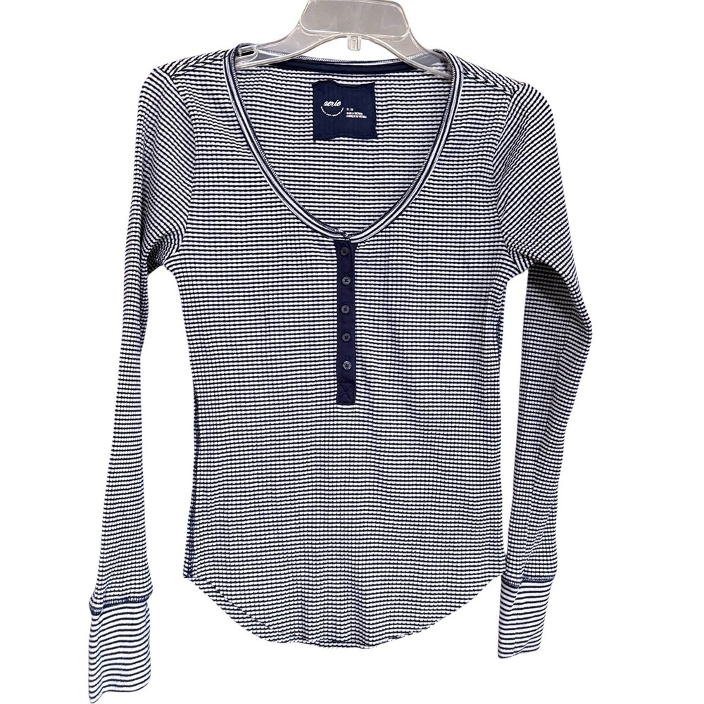Aerie Striped Metallic Waffle Knit Henley Top Navy White Long Sleeve M Y2K